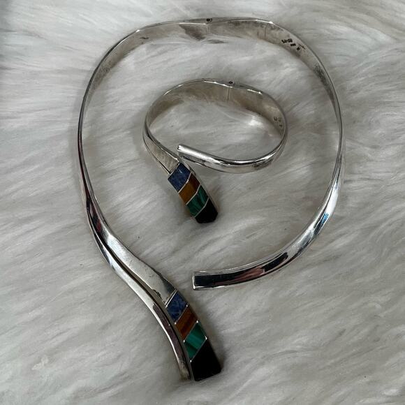 NEW TAXCO Mexico Vintage 925 Sterling Multi Stone Inlay Collar Necklace Bracelet - Picture 9 of 14